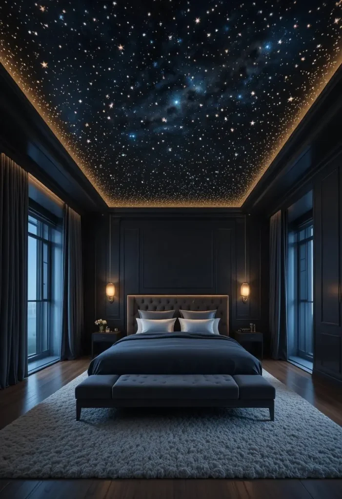 Fiber optic star ceiling creating a realistic night sky inside a luxurious bedroom.