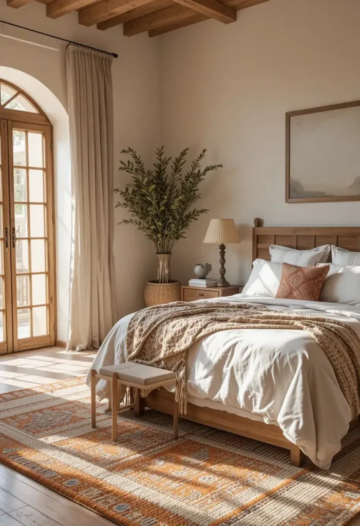 Terracotta rug layered over a jute rug beside a neutral bed.