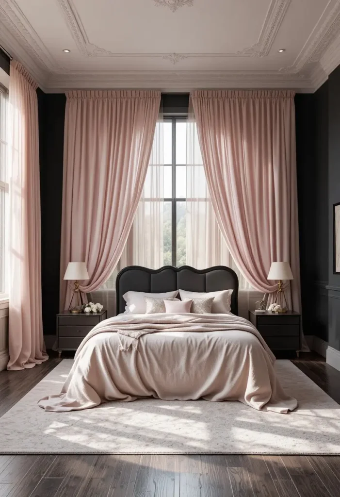 Pink sheer curtains creating contrast against black bedroom walls.