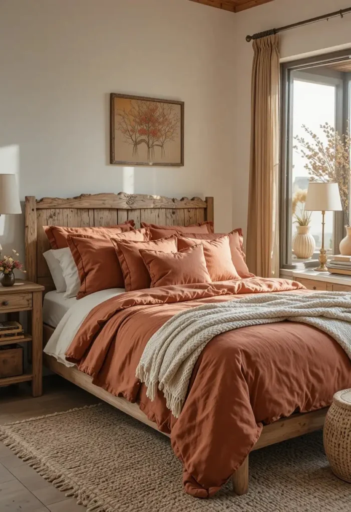 Terracotta bedding layered with cream textiles in a warm and cozy bedroom.