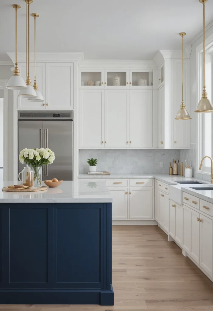 Navy island contrasting with white cabinets in a stylish one wall kitchen.