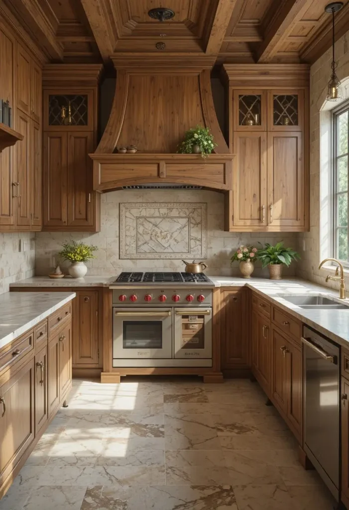 Hickory kitchen cabinets paired with a natural stone backsplash for a warm organic look.