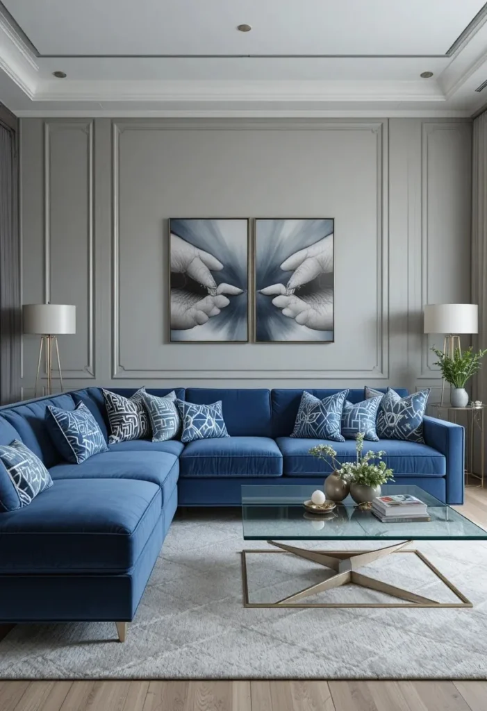 Blue couch paired with grey walls for a sleek modern living room design.