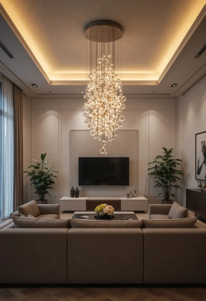 Statement ceiling light transforming the living room atmosphere.