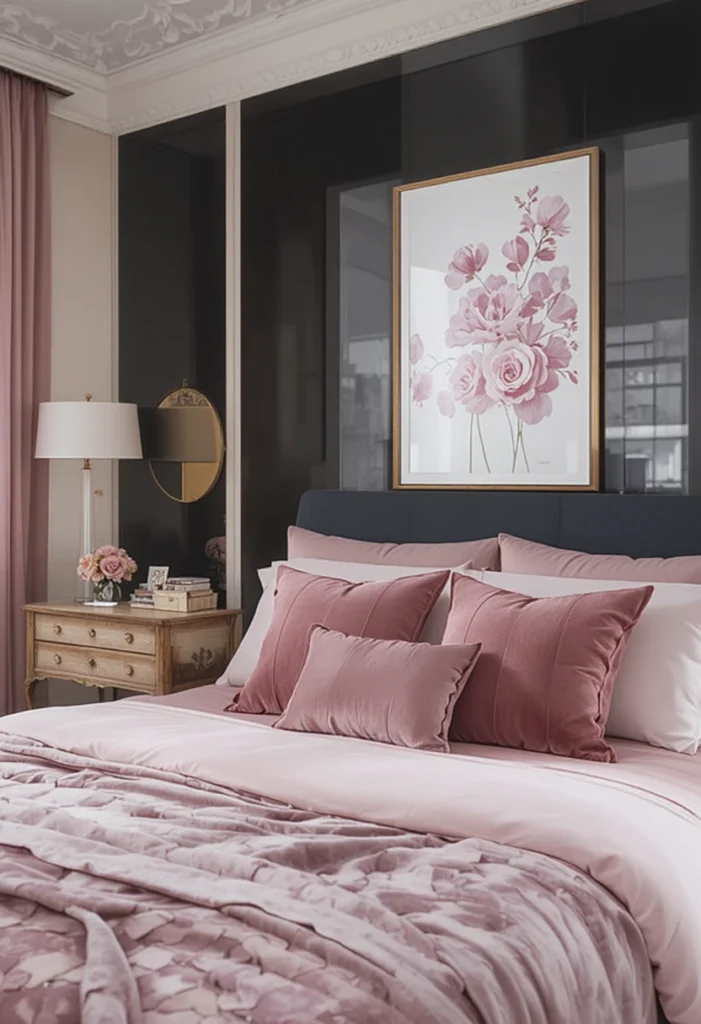 Soft black accent wall with blush pink bedding and romantic decor accents.