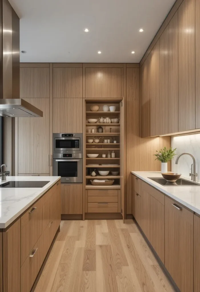Floor-to-ceiling white oak kitchen cabinets creating a custom luxury kitchen with maximum storage.