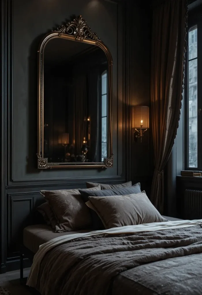 Smoked mirror reflecting warm ambient light in a moody bedroom.