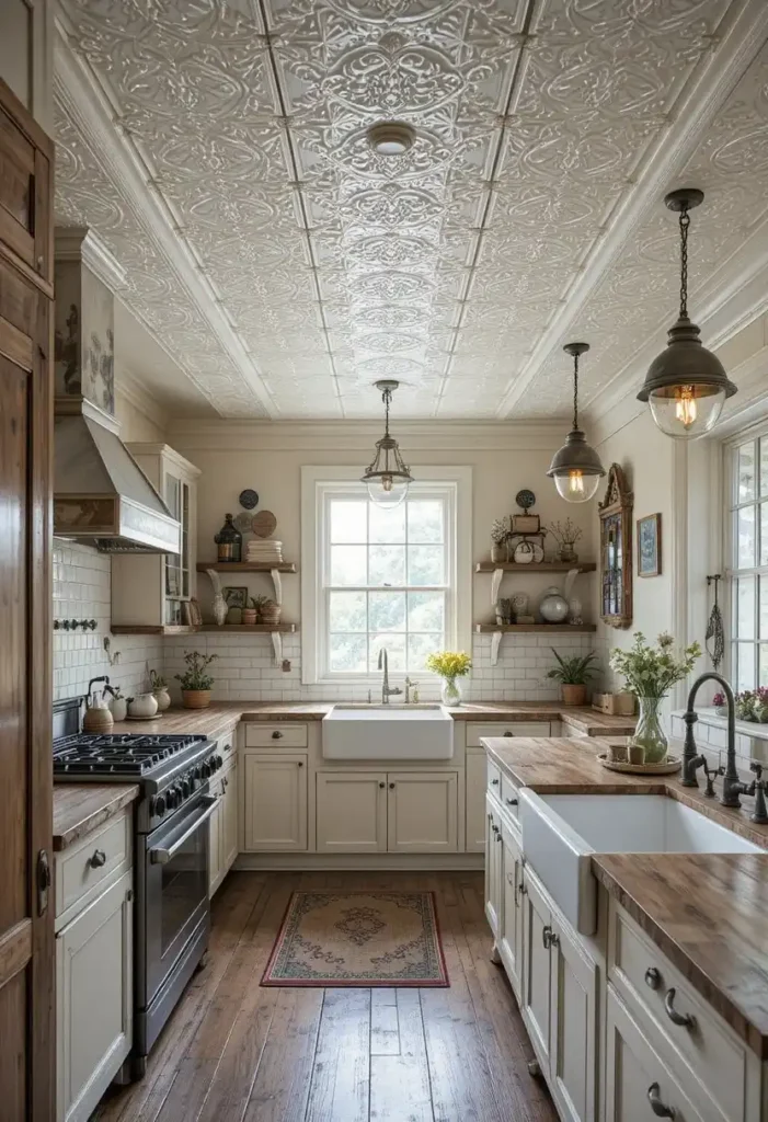 Pressed tin ceiling tiles adding vintage charm to a kitchen.