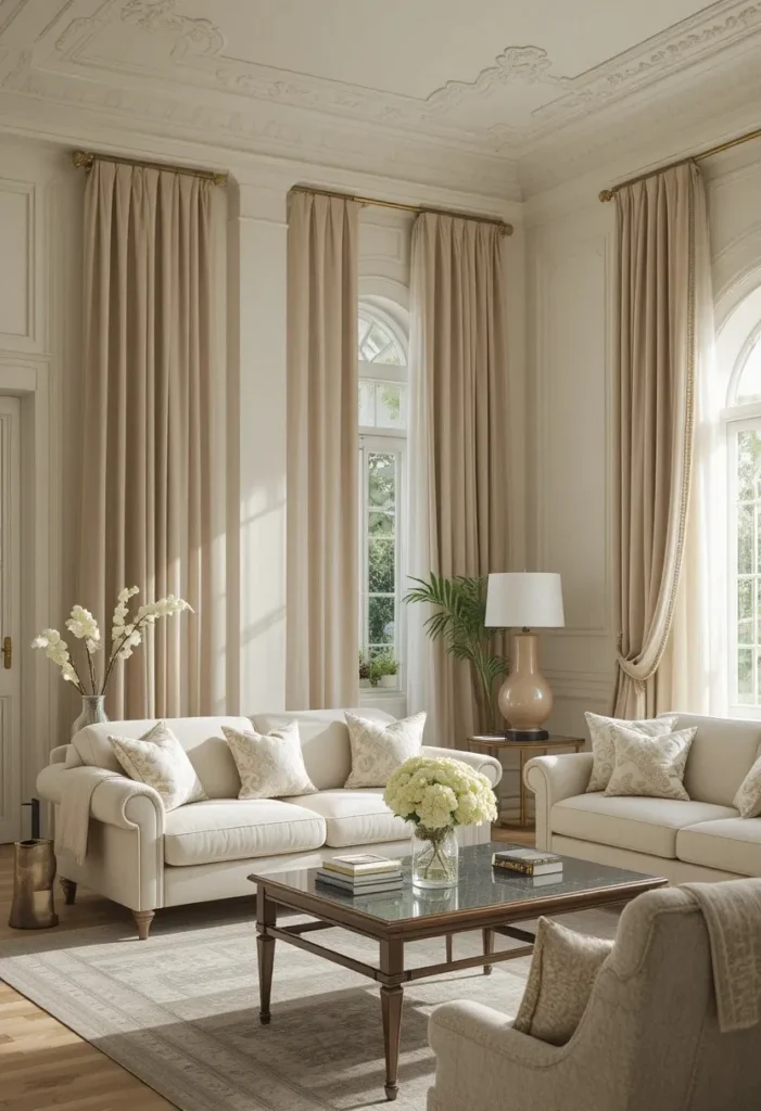 Vertical striped curtains making a living room feel taller and larger.