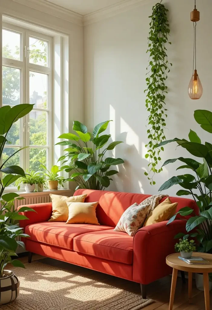 Red couch paired with lush green plants in a fresh vibrant living room.