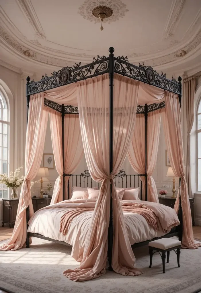 Black canopy bed decorated with soft pink drapes in a romantic bedroom.