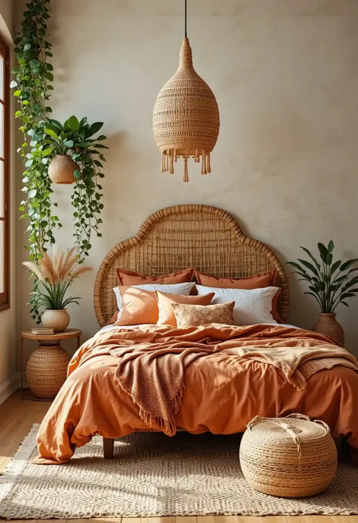 Bohemian bedroom with rattan furniture, orange bedding, and indoor plants.