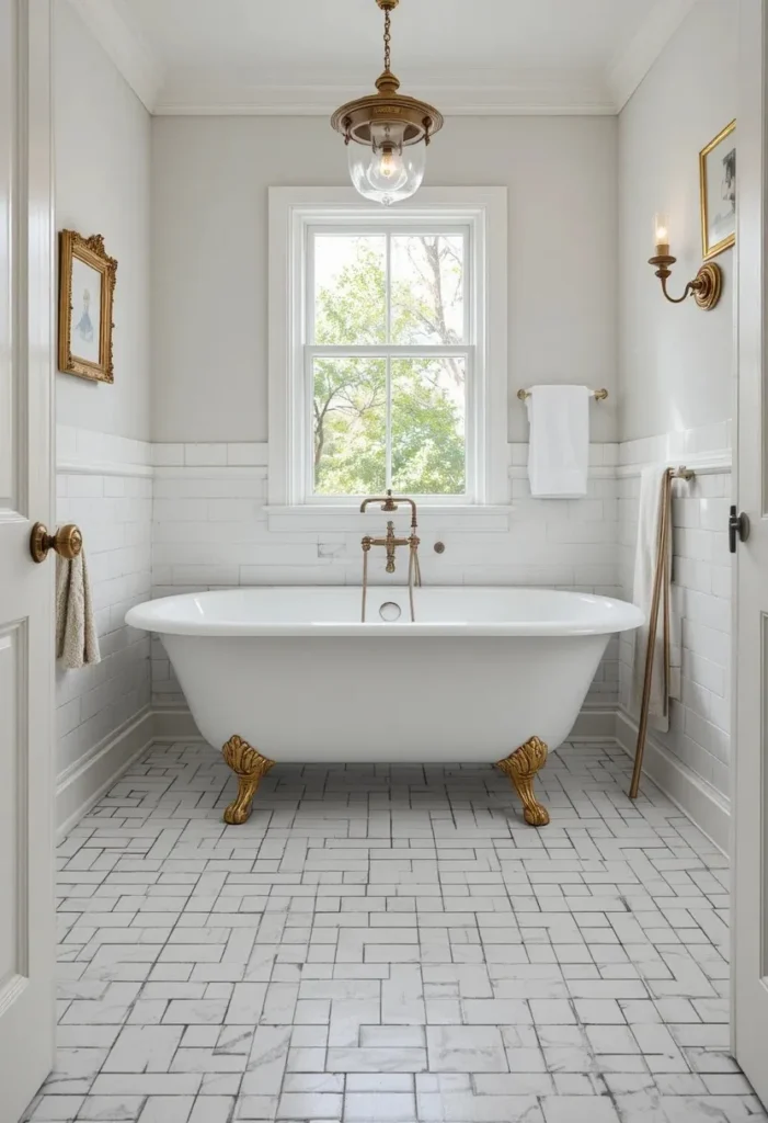 White subway tiles installed on a bathroom floor in a brick pattern.