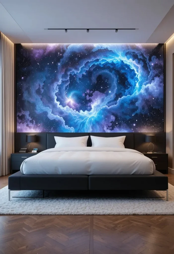 Galaxy wallpaper accent wall behind a modern bed creating a dramatic cosmic bedroom design.