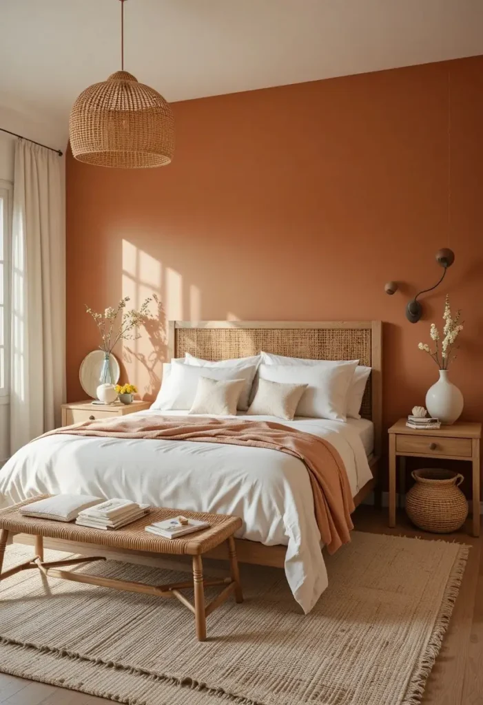 Warm terracotta accent wall paired with cream bedding and natural textures.