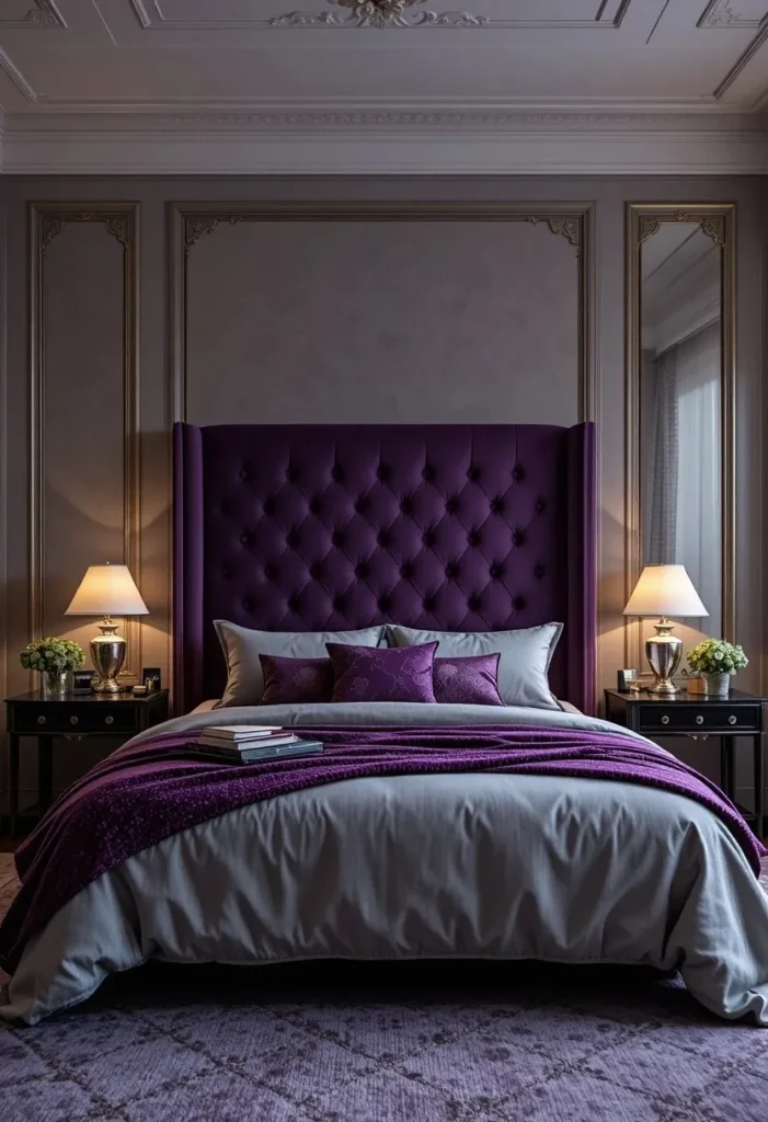 Purple velvet headboard serving as a luxurious focal point in a modern bedroom.