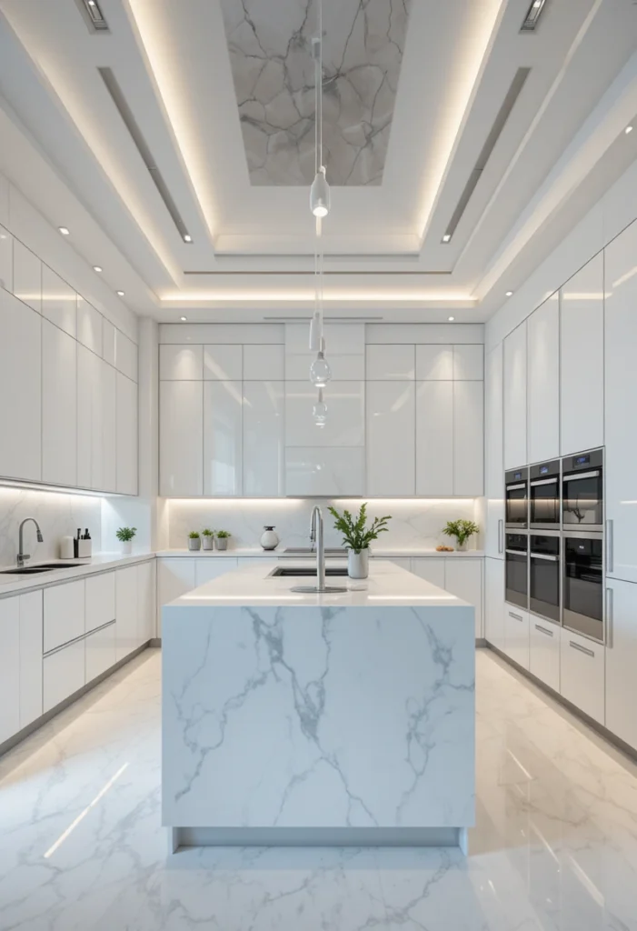 Sleek high-gloss white kitchen with a modern minimalist aesthetic.