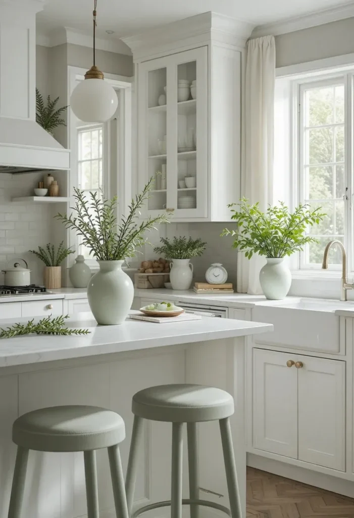 White kitchen featuring soft sage green accents and abundant greenery.