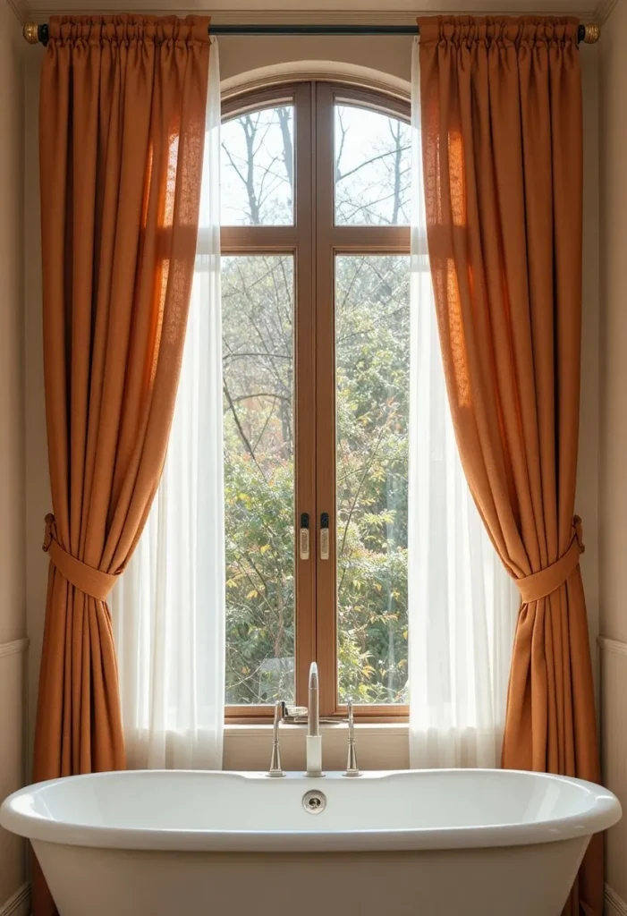 Layered sheer and linen curtains creating a designer bathroom window look.