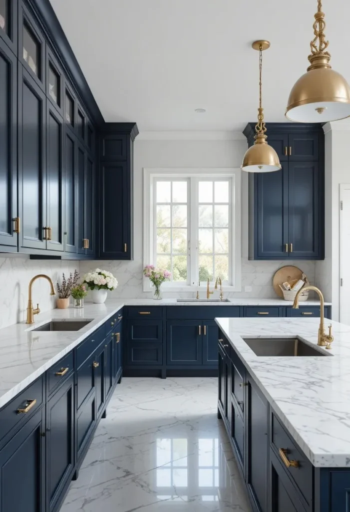 Navy blue kitchen cabinets with brass hardware and white marble countertops.