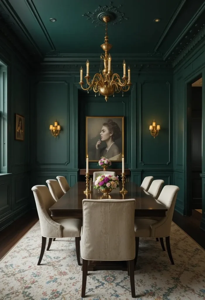 Color drenched forest green dining room with walnut table and brass accents