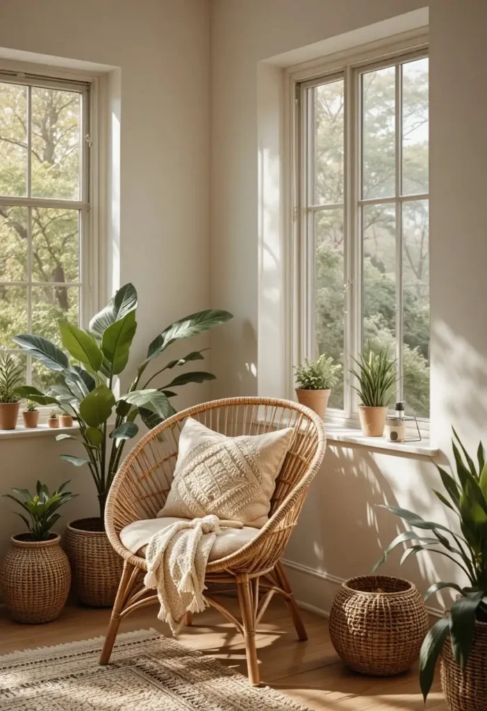 Rattan accent chair creating a cozy bohemian reading nook near a window.