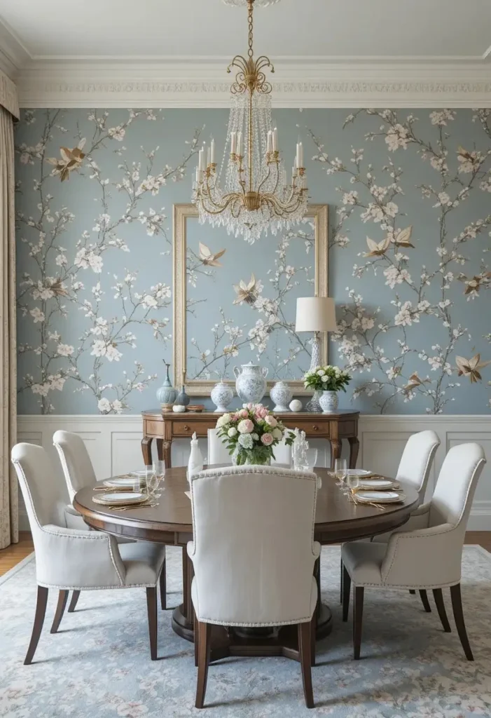 Elegant dining room decorated with chinoiserie wallpaper and classic furnishings.