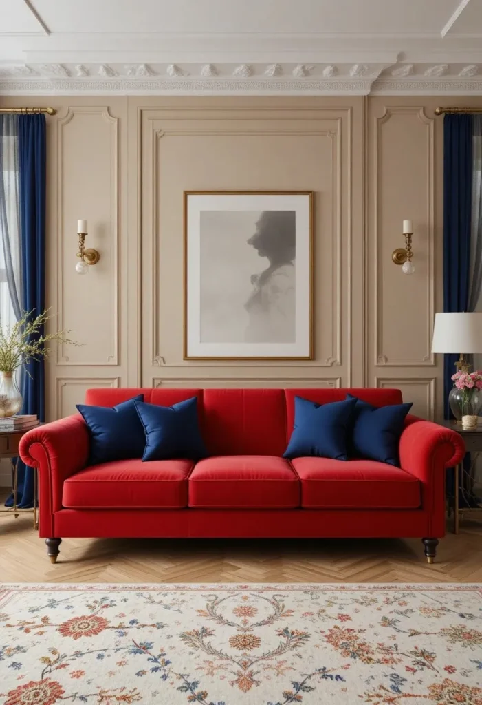 Red couch styled with navy blue accents in a modern elegant living room.