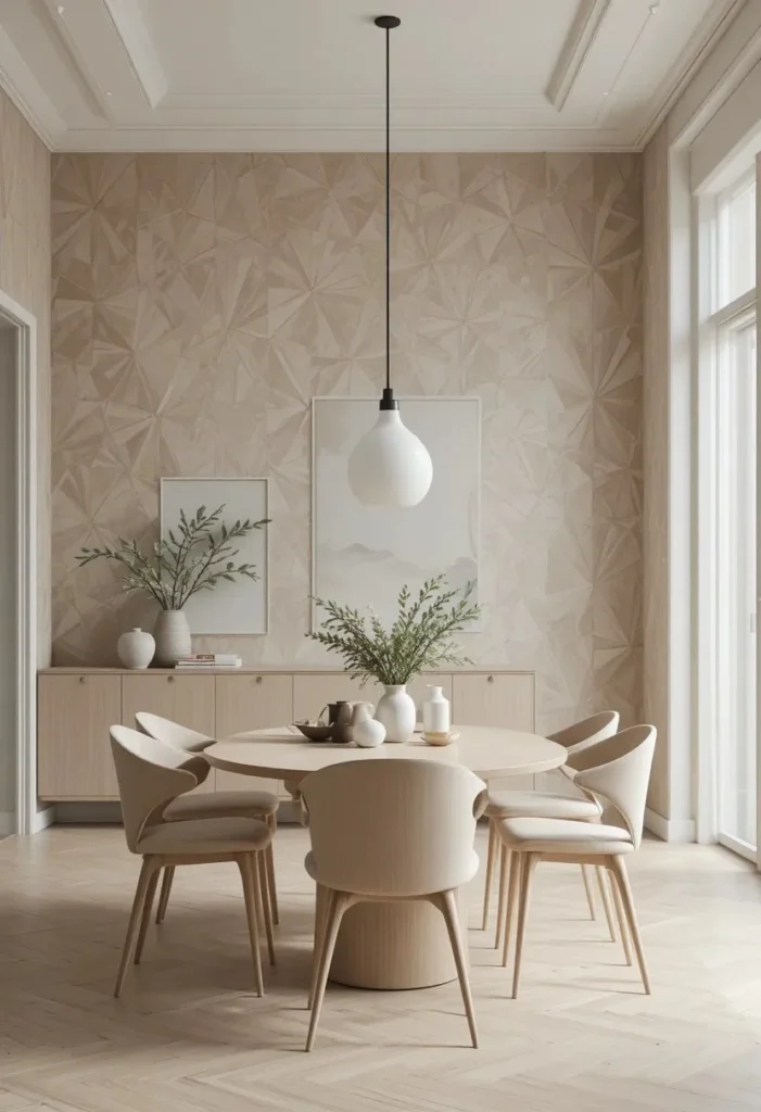 Dining room with soft geometric wallpaper adding subtle texture and elegance.