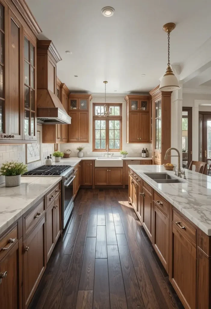 Hickory kitchen cabinets contrasted by rich dark wood flooring.