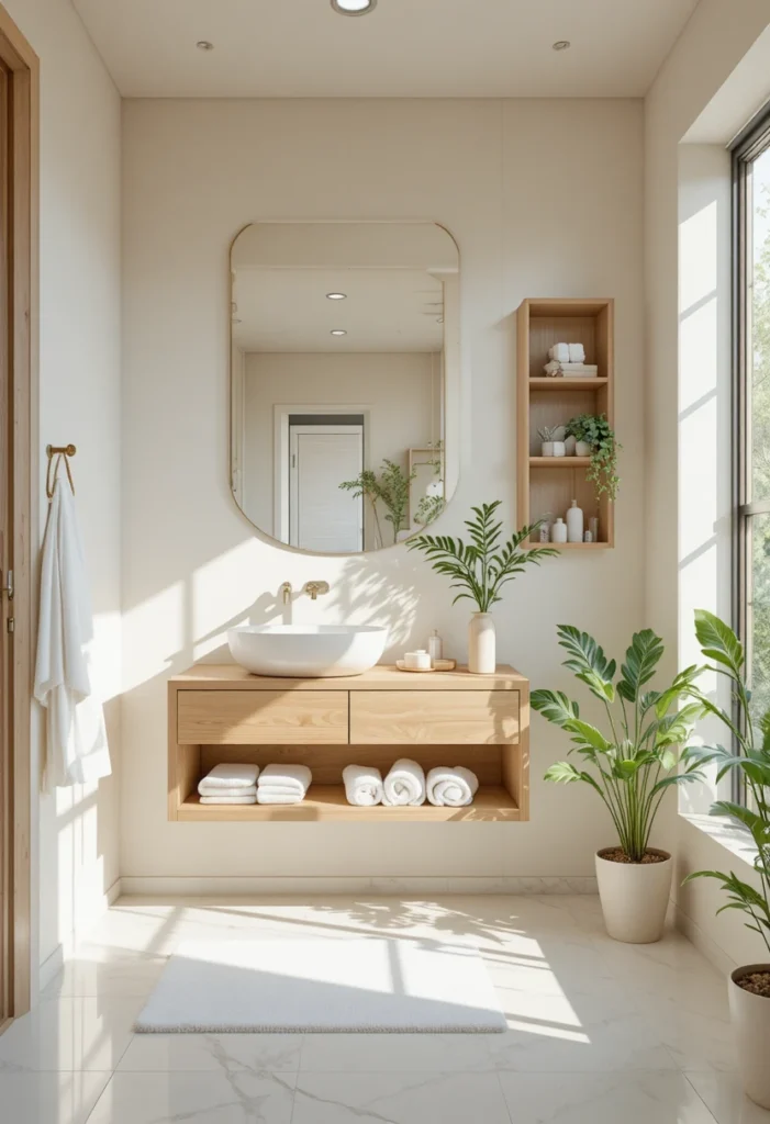 White bathroom with oak vanity, wooden shelves, and warm natural accents