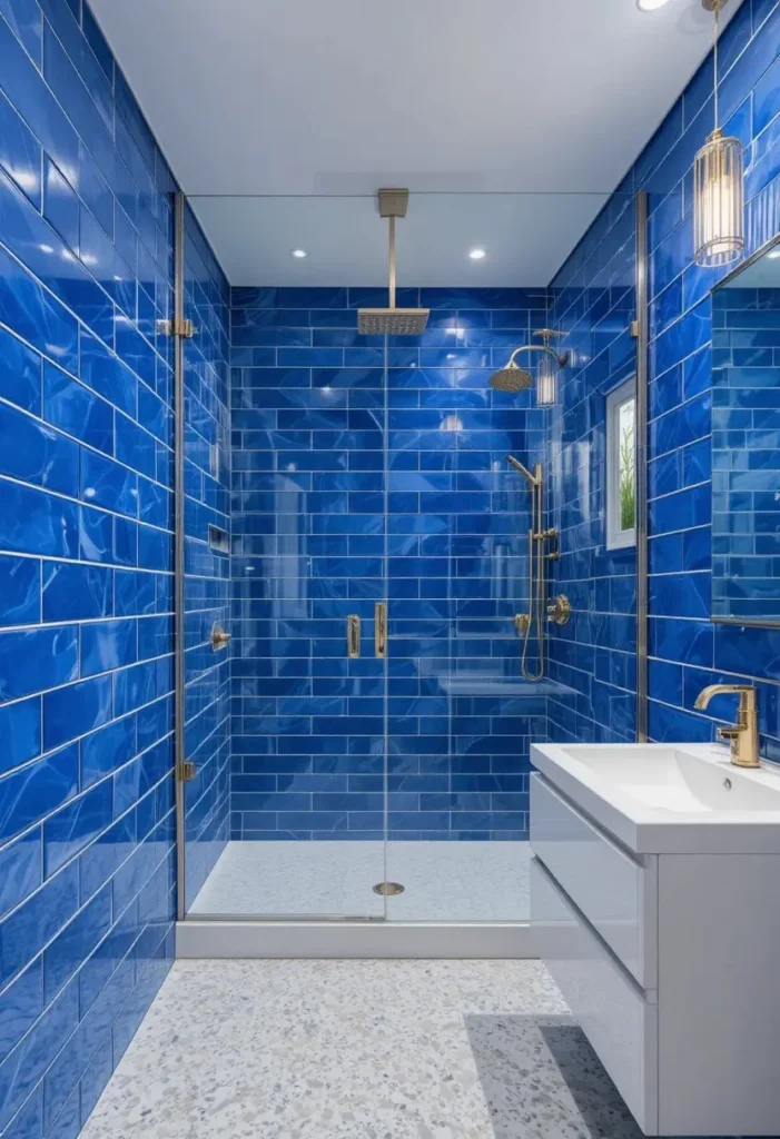 Bold cobalt blue feature tiles with brass fixtures and white accents in a modern bathroom.