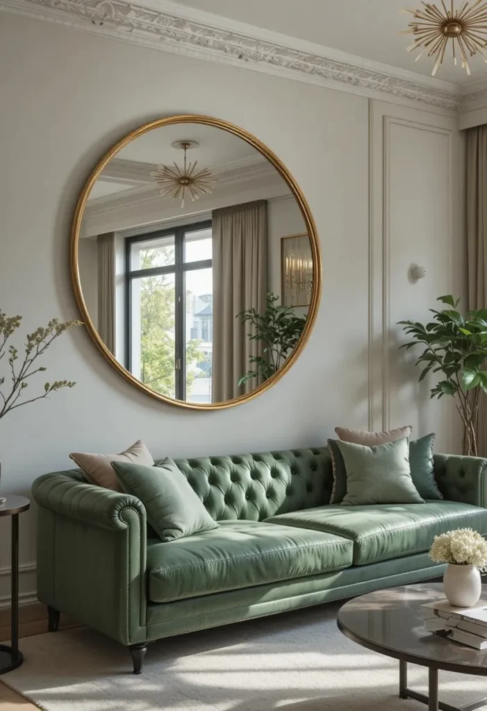 Green leather couch with a large round mirror adding light and depth.
