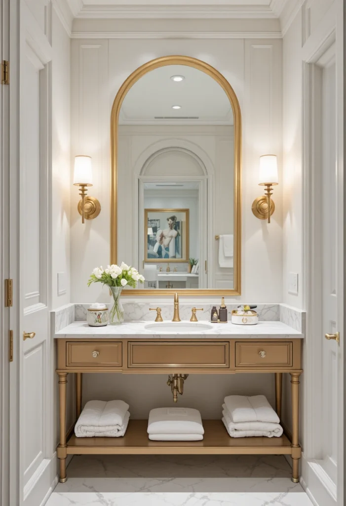 Guest bathroom with oversized arched mirror and elegant wall lighting