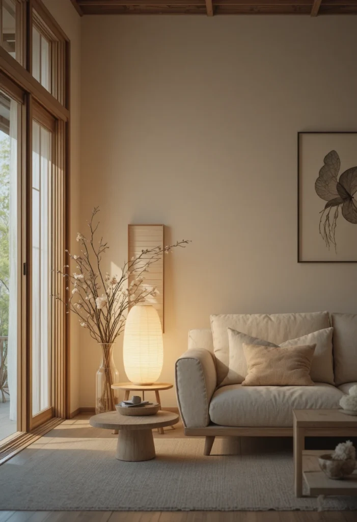 Japanese paper lantern floor lamp creating a calm and peaceful atmosphere.
