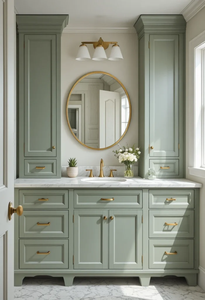 Freshly painted sage green bathroom cabinets creating a stylish modern bathroom makeover.
