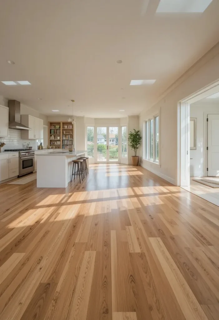 Continuous hardwood flooring connecting an open kitchen and living room.