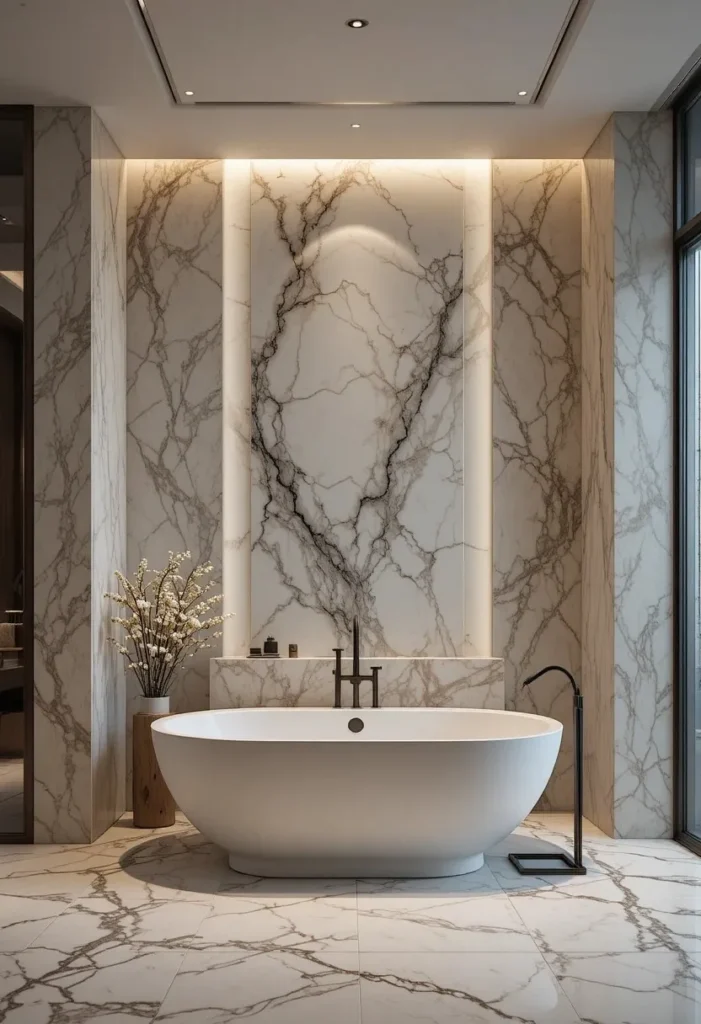 Natural stone feature wall creating a luxurious bathroom focal point.