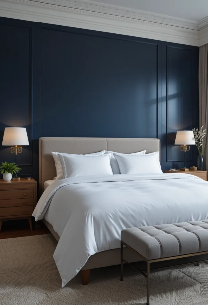 Deep navy blue accent wall behind a bed with white bedding and brass lighting.