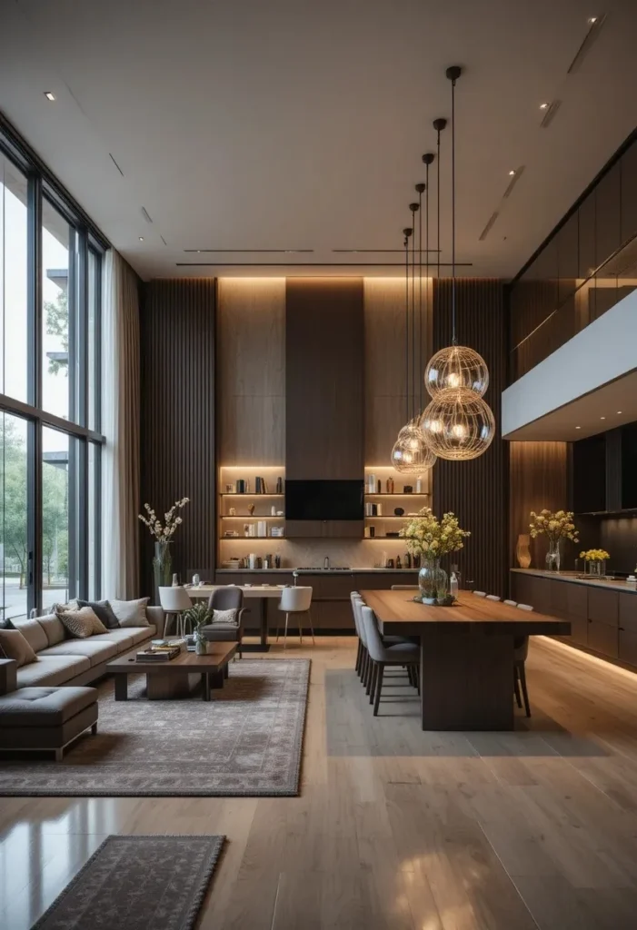 Pendant lights visually dividing open-plan spaces with elegant lighting.