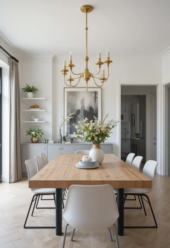 Dining room featuring a mix of brass, black, and chrome finishes for a modern layered design.