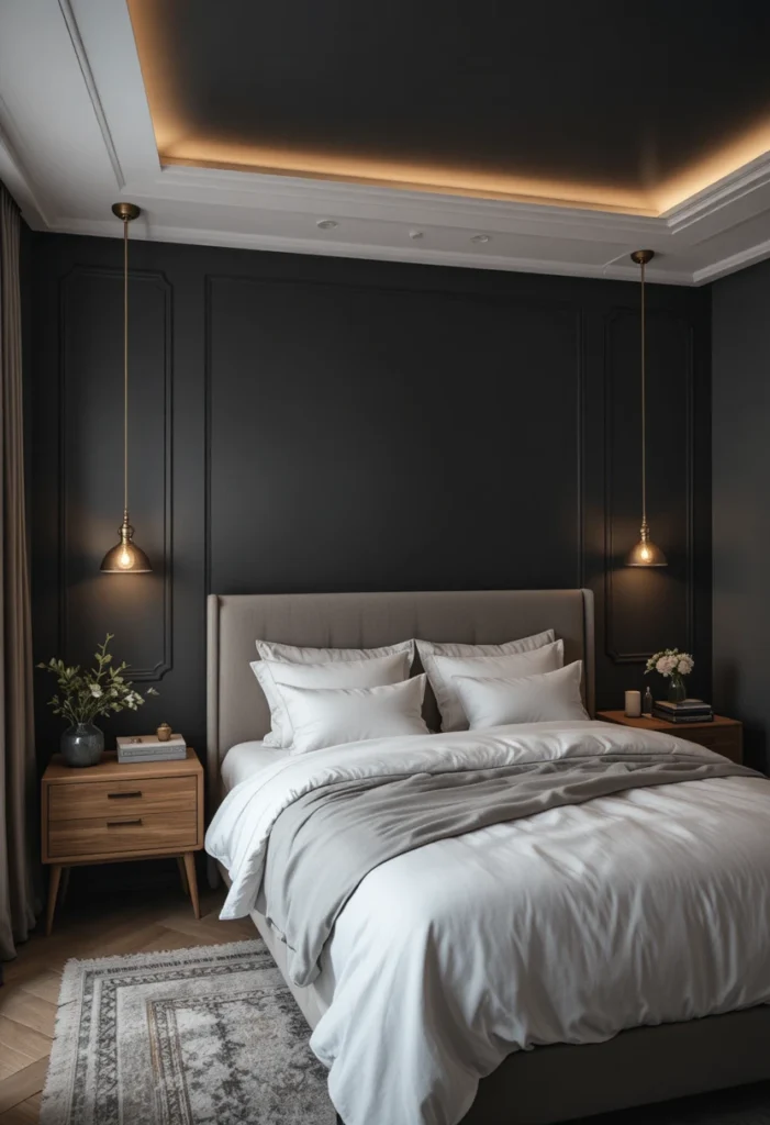 Charcoal gray bedroom walls paired with warm white bedding and brass accents for a luxurious look.