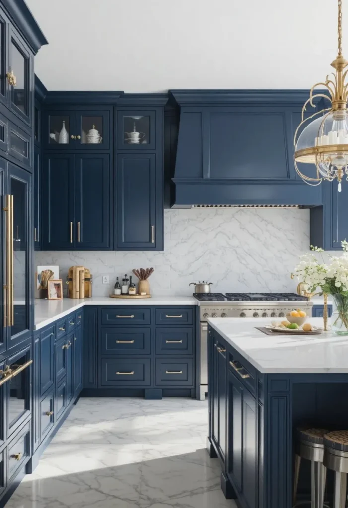 Two-tone blue kitchen cabinets with darker lowers and lighter uppers.