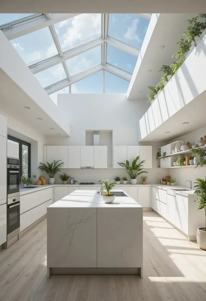 Kitchen illuminated by natural light from a large ceiling skylight.