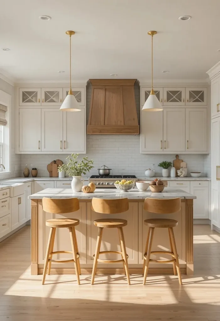 One wall kitchen island with bar stools creating a casual breakfast seating area.