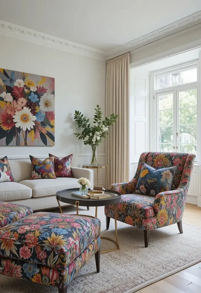 Bold floral accent chair bringing pattern and personality to a living room.