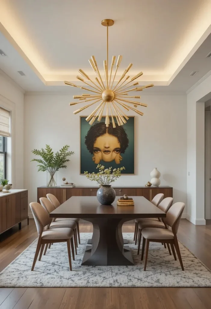 Gold sputnik chandelier making a bold statement above a dining table.