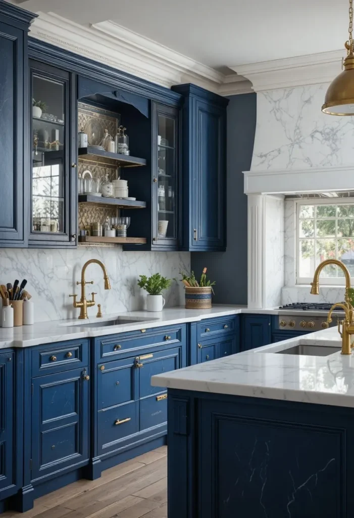 Blue kitchen cabinets paired with luxurious white marble countertops.