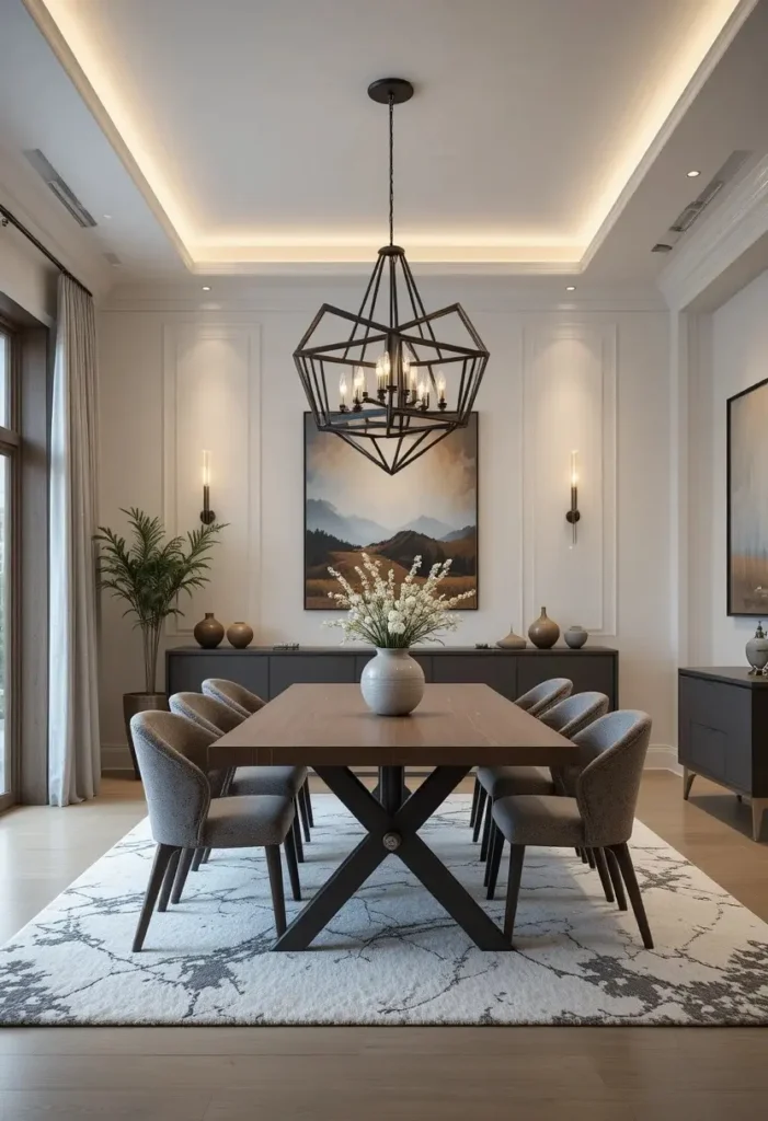 Modern dining room with a statement black geometric chandelier above a wooden dining table.