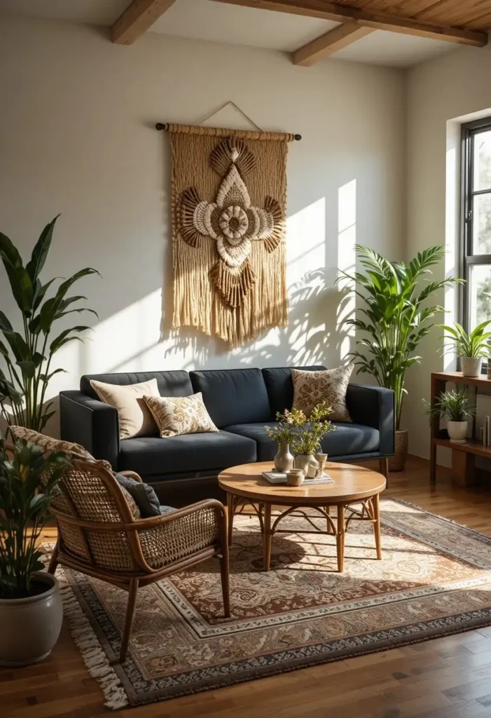 Black couch paired with rattan furniture for a bohemian living room.